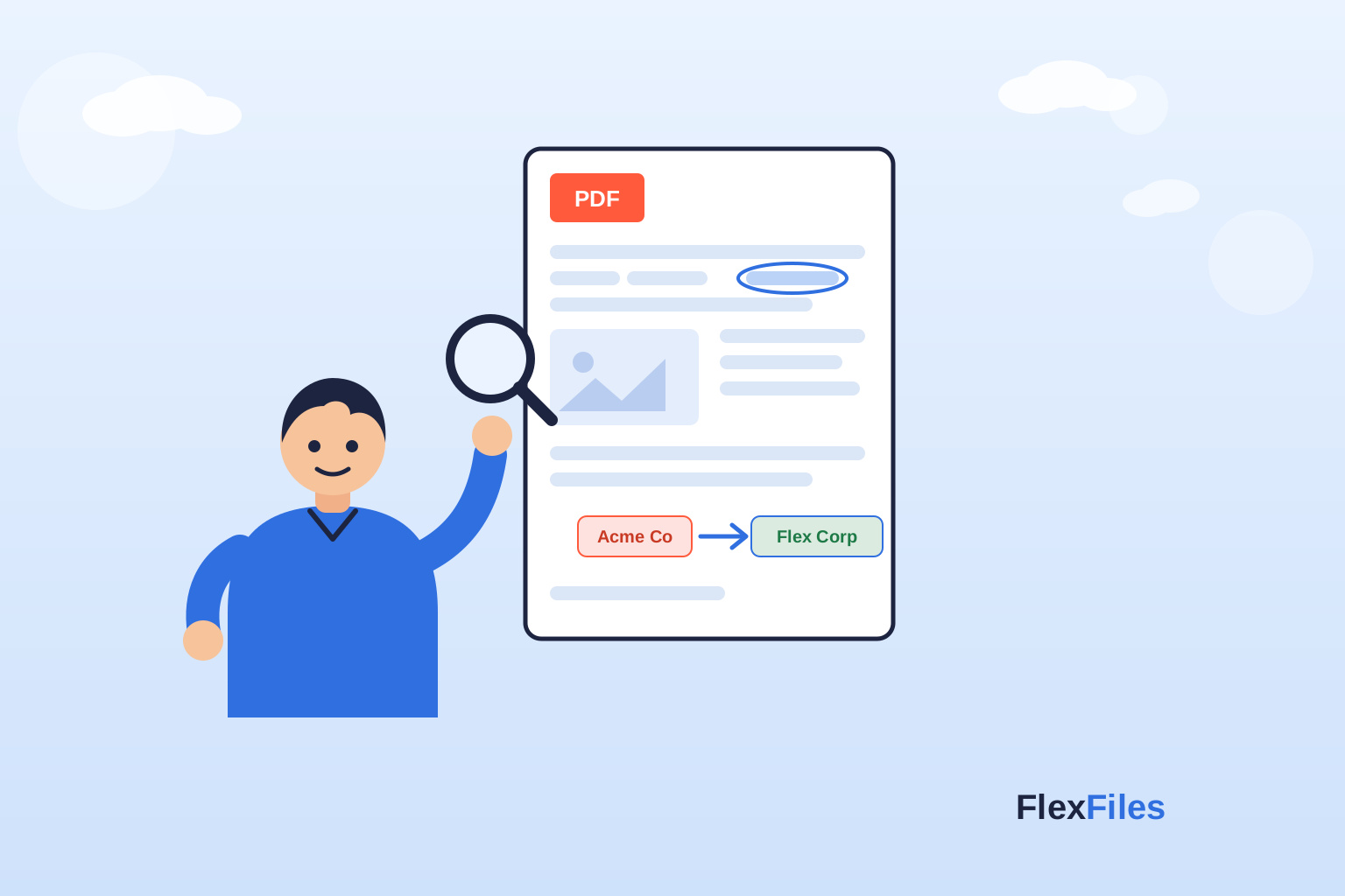 Illustration of finding and replacing a word in a PDF with a magnifying glass